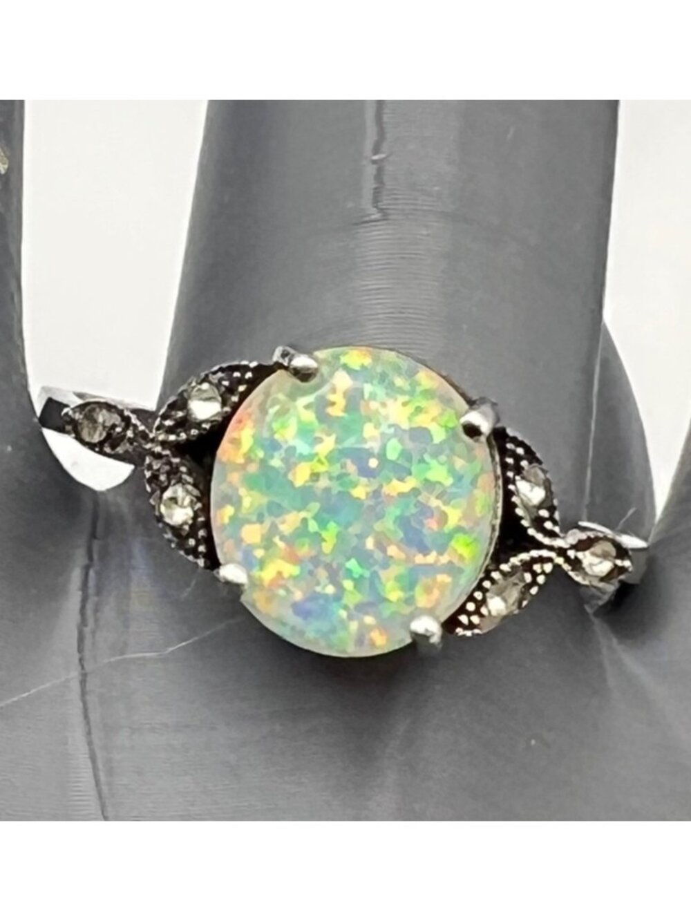 Silver Tone Lab Created Opal Ring Vintage-Style Band Accent Crystals Size 13.5